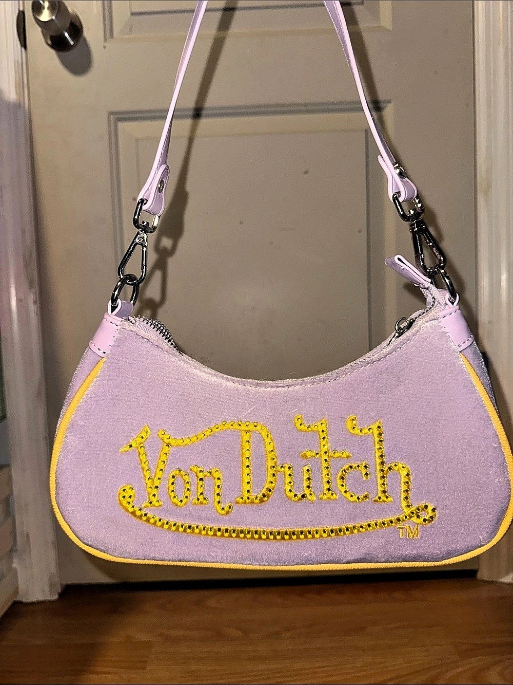 Von Dutch Purple Rhinestone Velvet Shoulder Bag